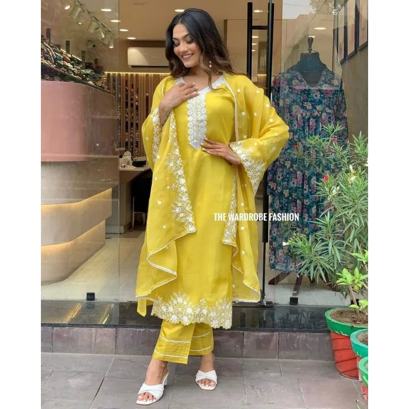 Heavy Embroidery Work Yellow Straight  Kurti Pant & Dupatta