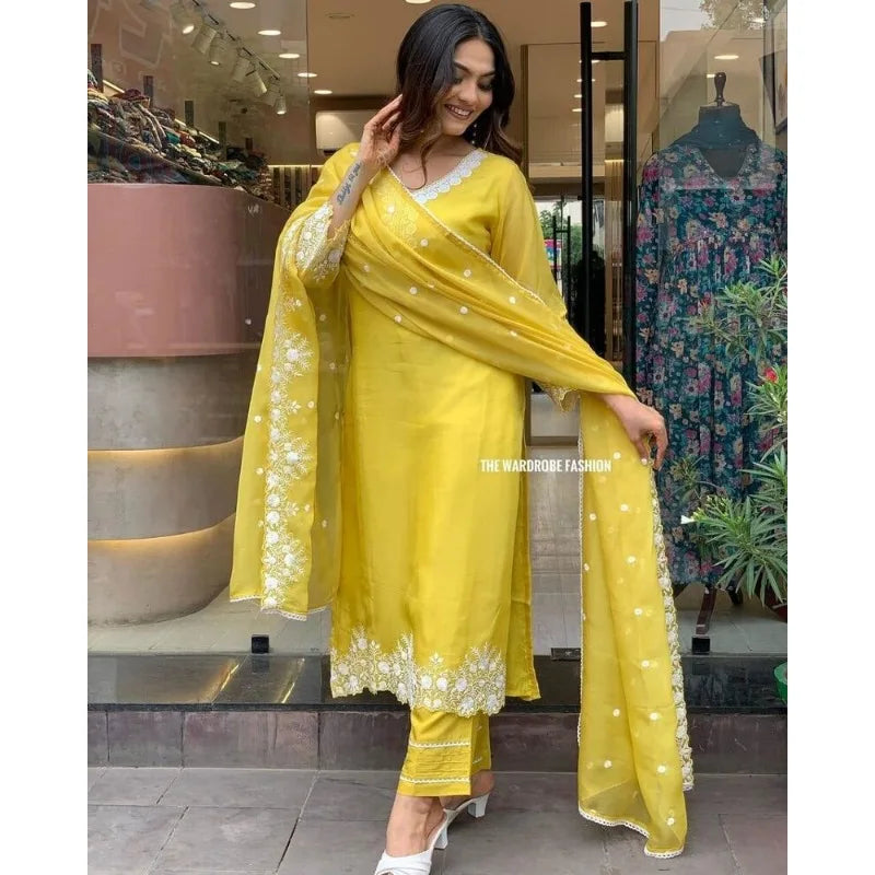 Heavy Embroidery Work Yellow Straight  Kurti Pant & Dupatta