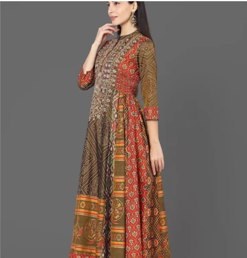 Printed embroidery exotic ethnic style silk cotton women's dress