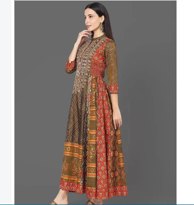 Printed embroidery exotic ethnic style silk cotton women's dress