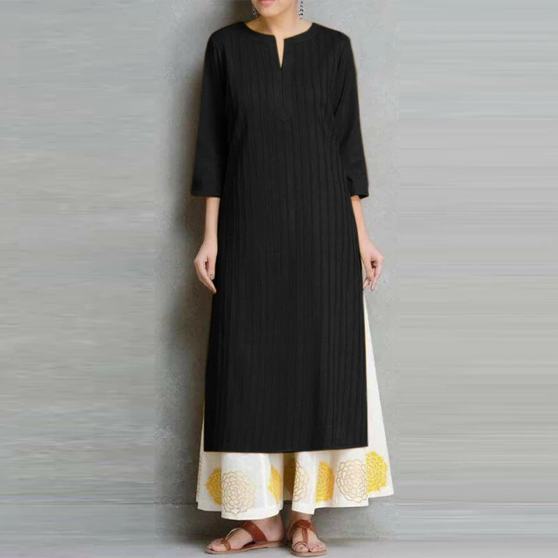 Midi Dress Women Round Neck Retro  High Splited Robe