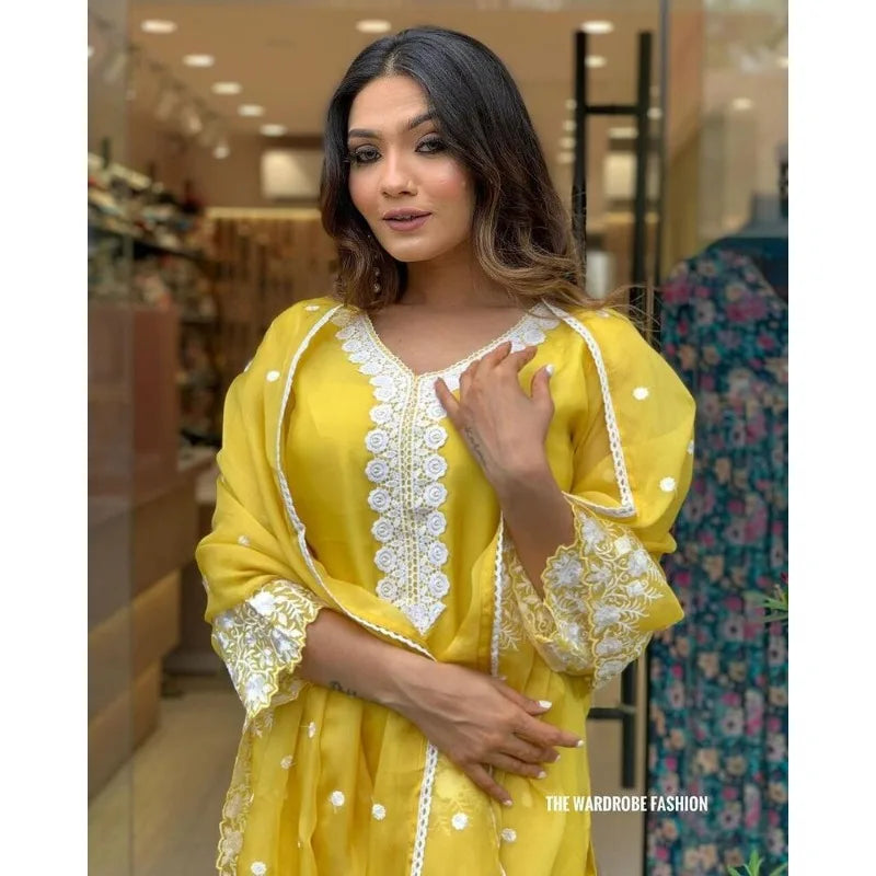 Heavy Embroidery Work Yellow Straight  Kurti Pant & Dupatta