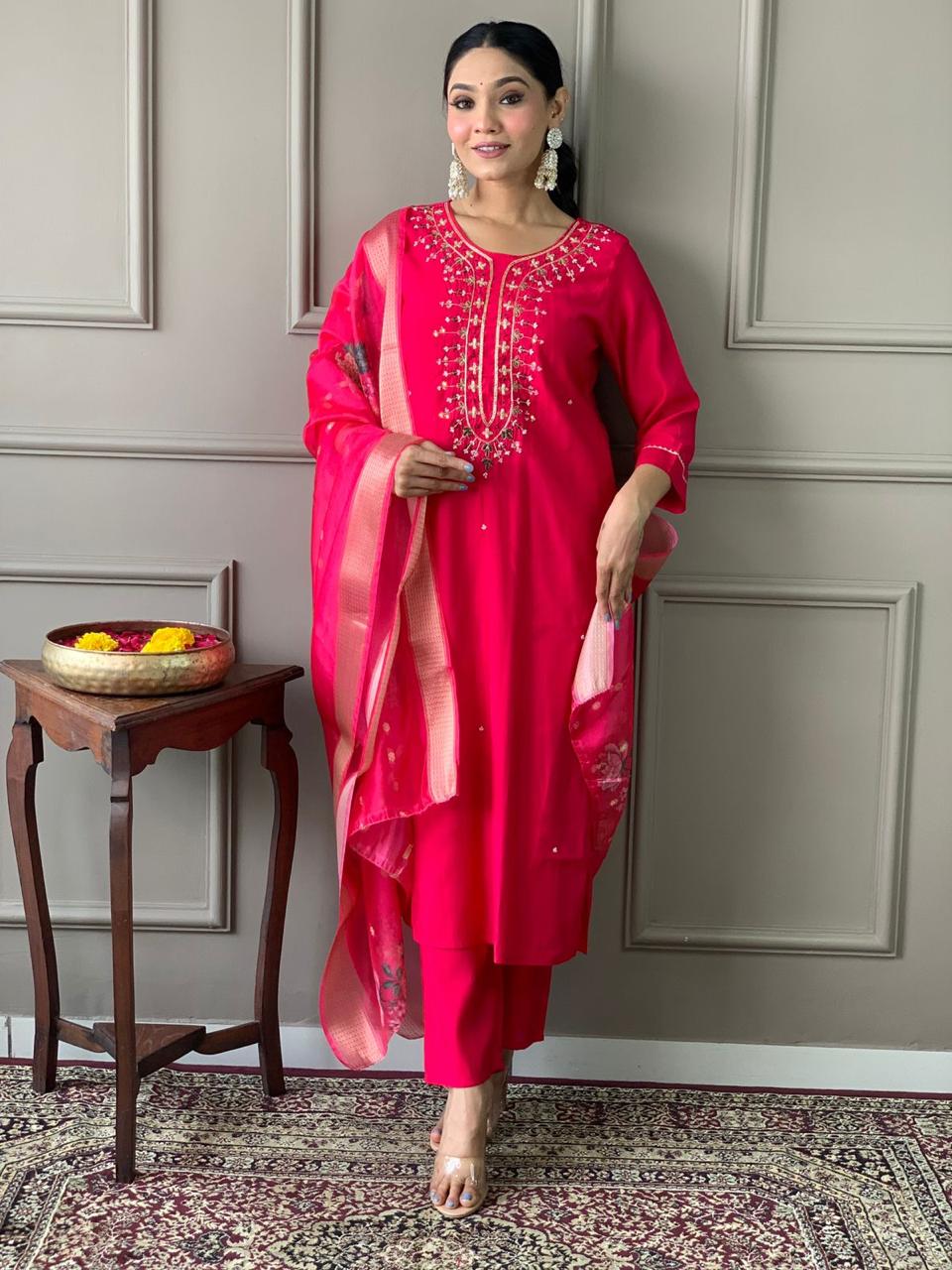 Roman Silk Chanderi Fabric  Kurta Set