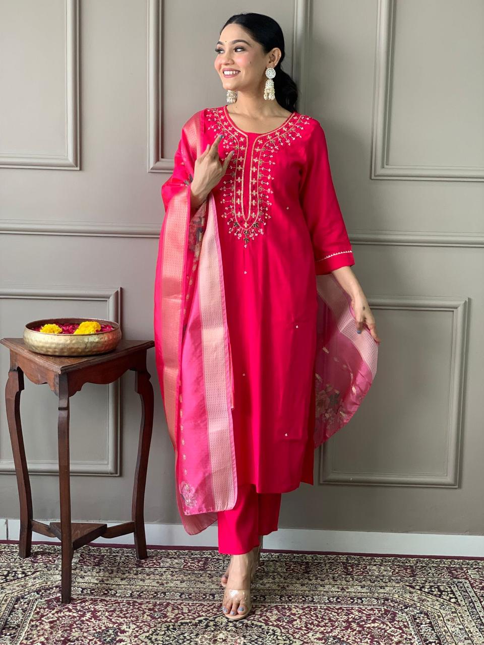 Roman Silk Chanderi Fabric  Kurta Set