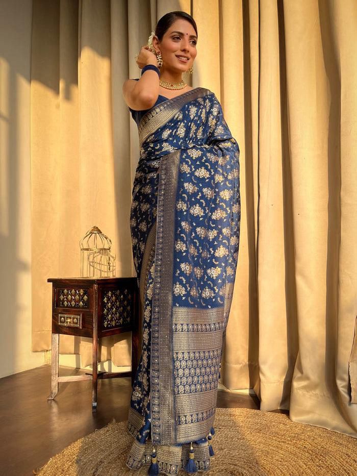 Soft Lichi Silk Saree with Jacquard Weaving & Contrast Blouse