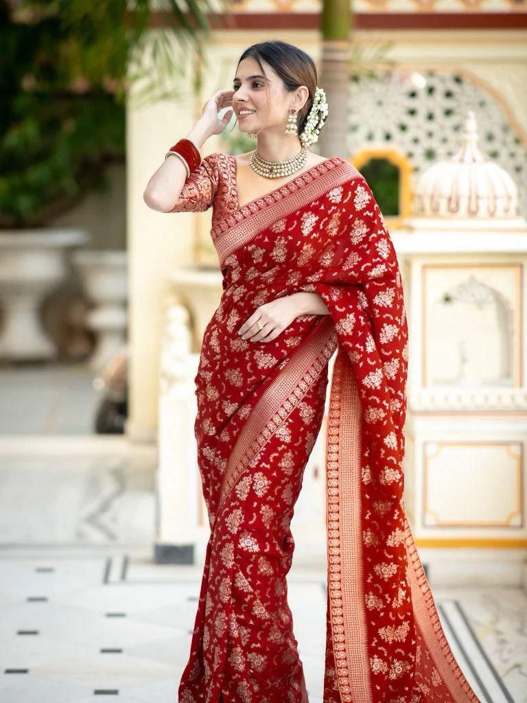 Soft Lichi Silk Saree with Jacquard Weaving & Contrast Blouse